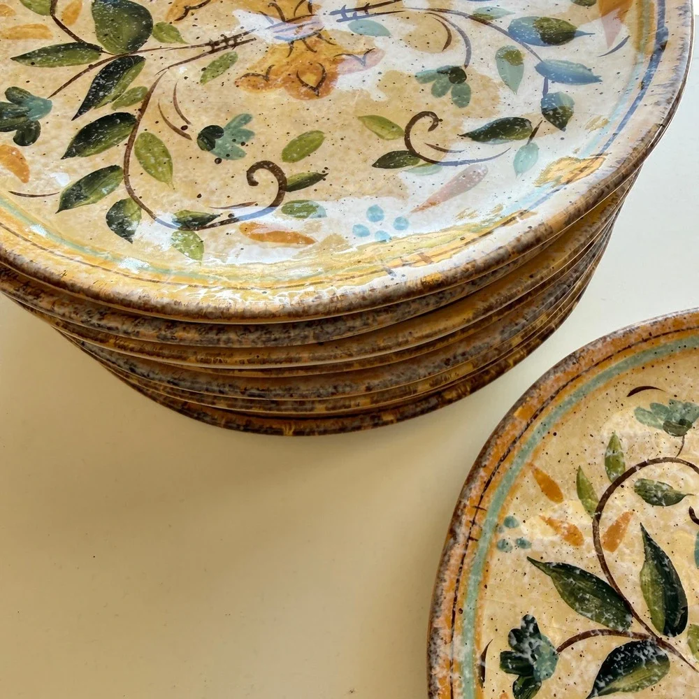 Set of 9 Fleur De Lis Floral Hand Painted Ceramic Dinner Plates Yellow Rustic